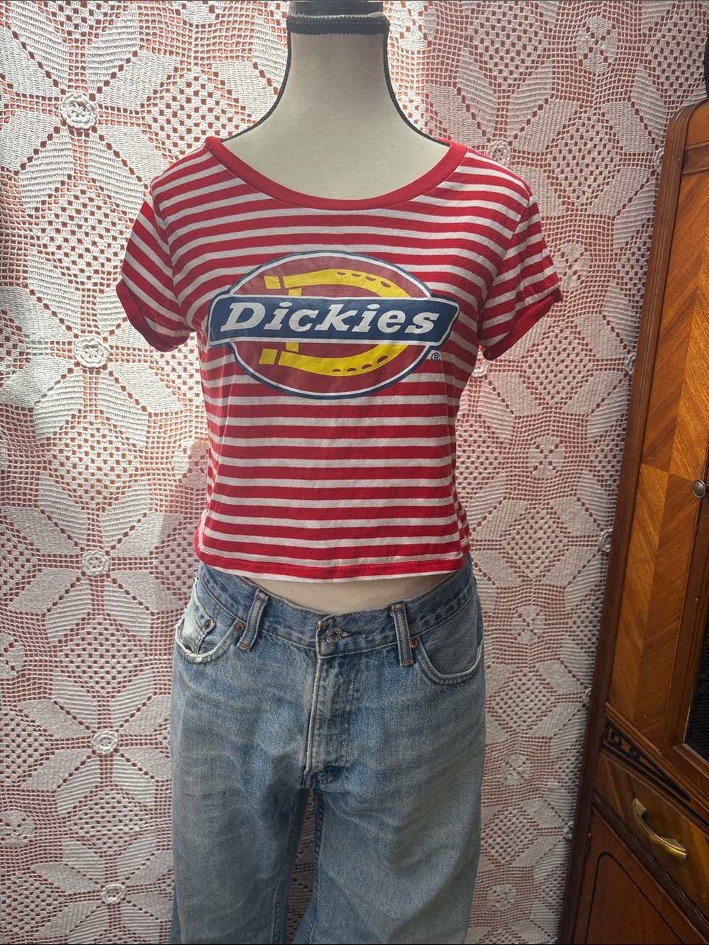 Dickies Red White Striped Crop Tee with Logo